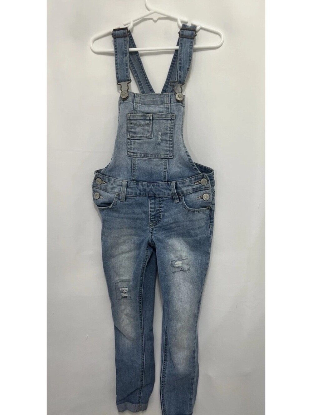 Justice Girls Size 7 Denim Overalls Light Wash Distressed Skinny Stretch Jeans